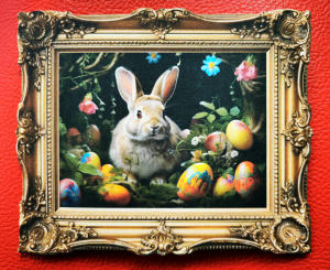 Vorderseite der Osterkarte von König Konzept. Zu sehen ist ein klassisches Ostermotiv in einem barocken Bilderrahmen. Ein süßer Osterhase sitzt inmitten von farbigen Blumen und Ostereiern.